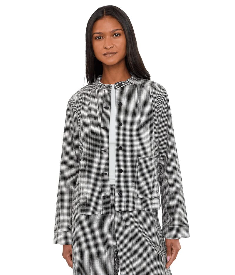 エイリーンフィッシャー レディース アウター 厚地の外套 綿織物 上衣 Eileen Fisher Organicotton Pucker Check Mandarin Collar JacketWo Black White 白いこと