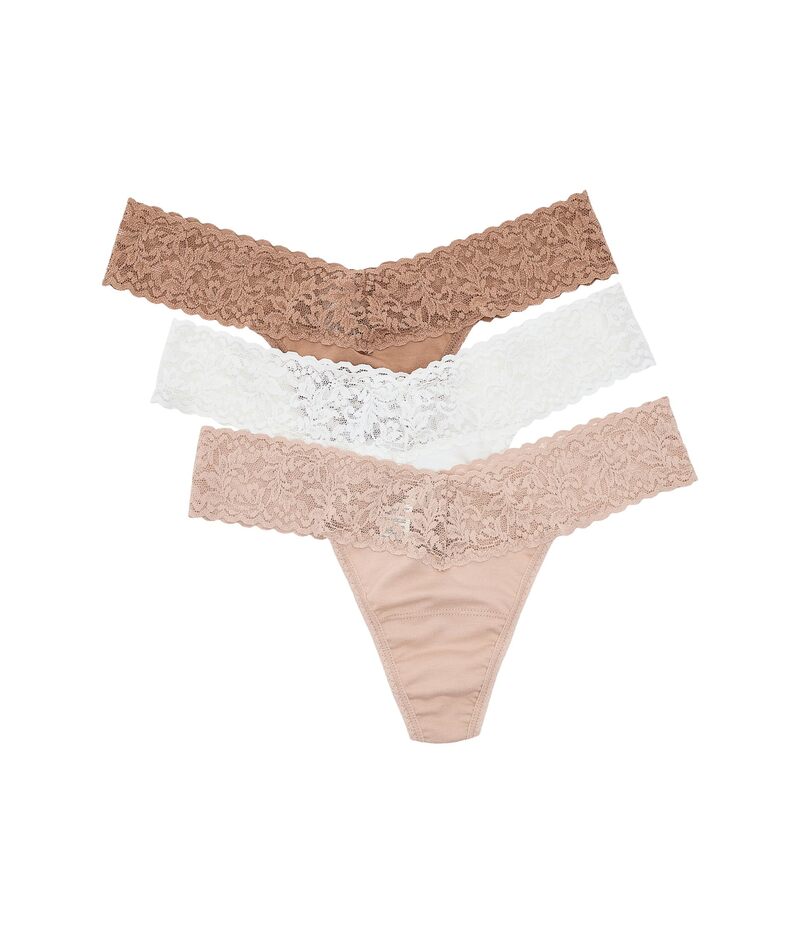 ハンキーパンキー レディース アンダー御召しもの ズボン下 ローライズ 綿織物 スピード競技 Hanky Panky SupimaR Cotton Low Rise Thongs with Lace 3-Pack Sun Tan/Chai/Wh タン