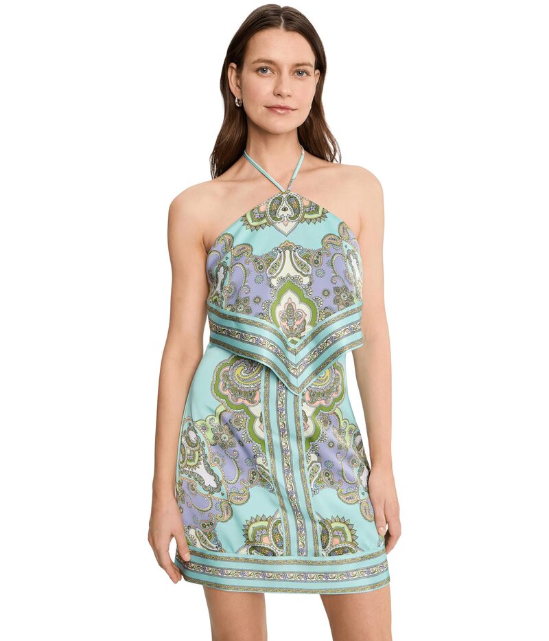 アヴェックレフィーユ レディース トップス 衣装 刷り上げる ミニ 繻子 ホルター Avec Les Filles Printed Satin Scarf Halter Mini Dress Aqua Lisa Paisl アクア