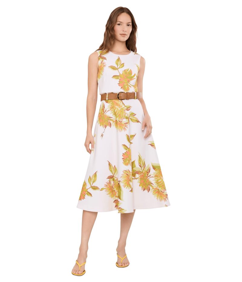 カルバンクライン レディース トップス 衣裳 A 伝達ルート 御花柄 MIDI アクアラング ノースリーブ 御花 Calvin Klein Sleeveless Belted Floral Scuba-Line Midi Creamulti 皮膚軟化剤