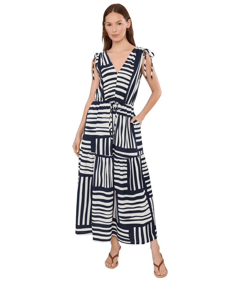 カルバンクライン レディース トップス 衣裳 Vのど首 MIDI ノースリーブ Calvin Klein Sleeveless V-Neck Striped Gauze Midindigo Cream 皮膚軟化剤