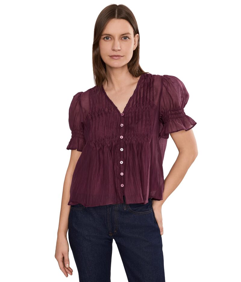 ヴィンスカムート レディース トップス プルオーバー Vのど首 Vince Camuto Pintuck Puff Sleeve V-Neck Vineyard Plum 酸桃