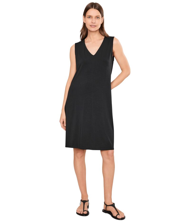 エイリーンフィッシャー レディース トップス 衣装 Vのど首 編み物 プルオーバー Eileen Fisher Fine Stretch Jersey Knit V-Neck Dress Black 黒いこと