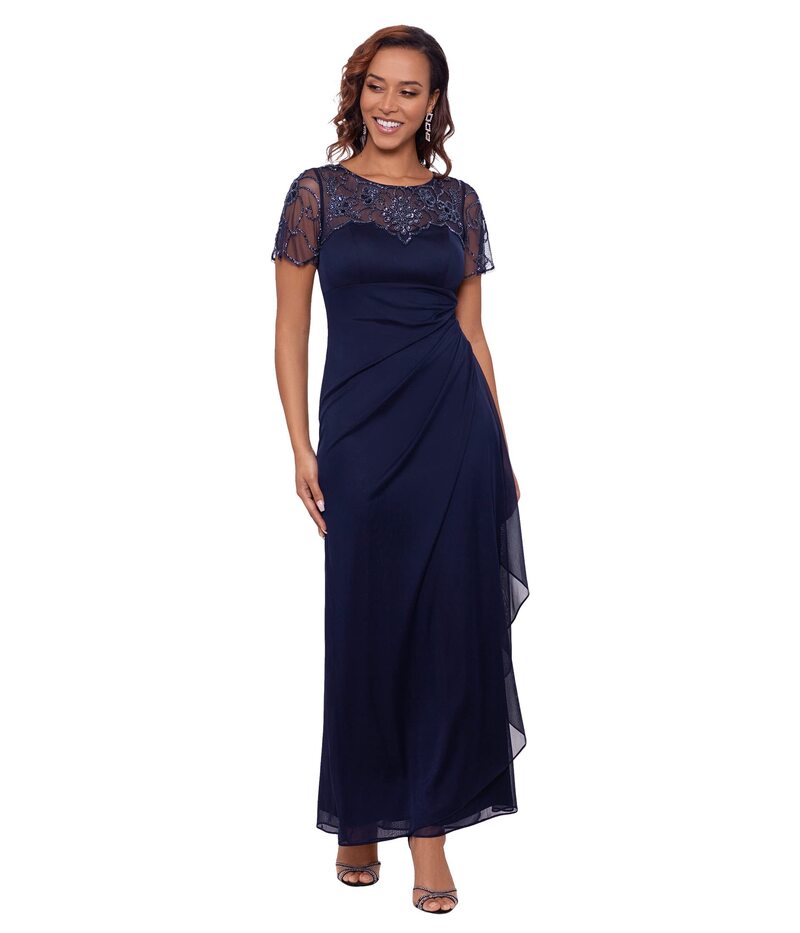 逃げ失せる レディース トップス 衣装 ギャザー シアー プルオーバー Xscape Long Sheer Matte Jersey Side Ruched Bead Flutter Sleeve Navy 米国海軍