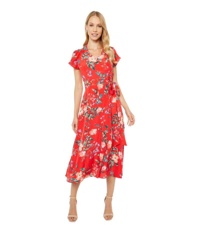 全国で中古品 ヴィンスカムート レディース ワンピース トップス Printed Crepe De Chine Midi with Novelty  Raglan Sleeve Red Multi 日本在庫