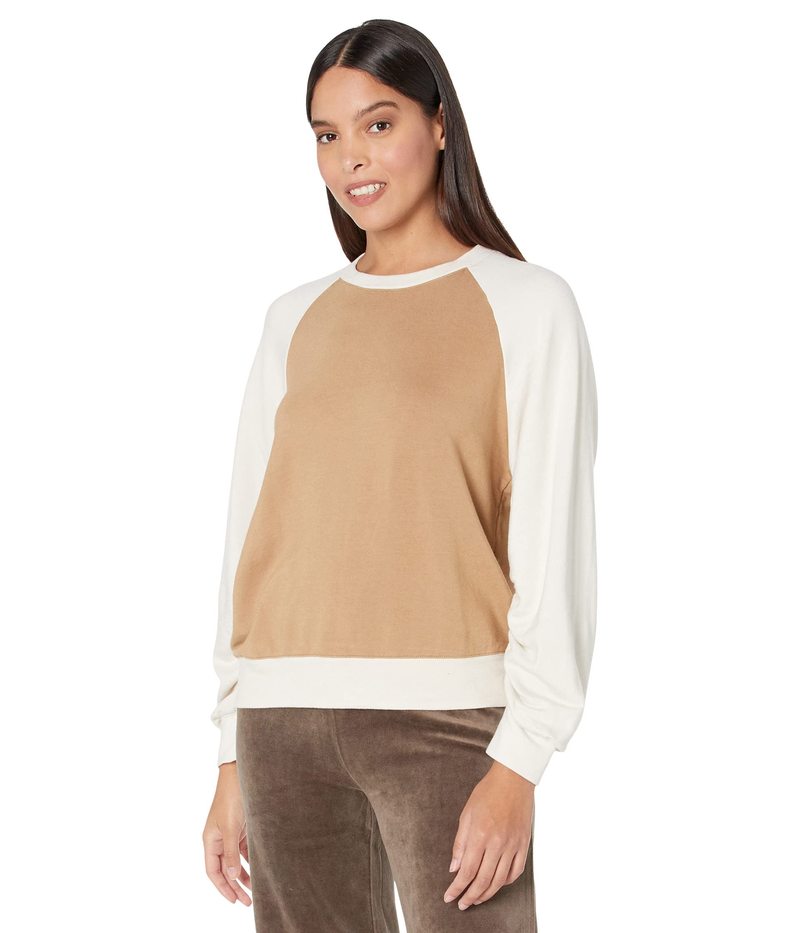 モンロー レディース パーカー・スウェット アウター Color-Block Sweatshirt w Shirred Sleeve Latte Ivory