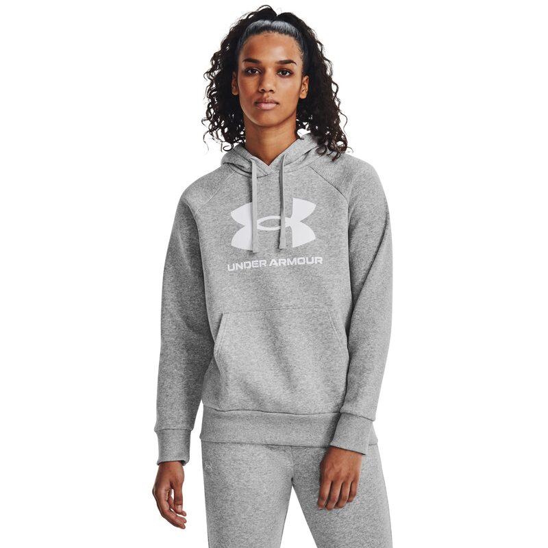 アンダーアーマー レディース アウター パーカー・スウェット ロゴ フリース Under Armour Rival Fleece Big Logo Hoodie Mod Gray Light Heather/White ホワイト|ReVida 店
