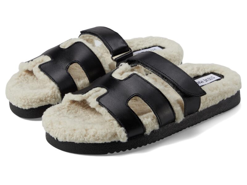 スティーブ マデン レディース シューズ サンダル Steve Madden Mayven Black Leather Fur ブラック|ReVida 店