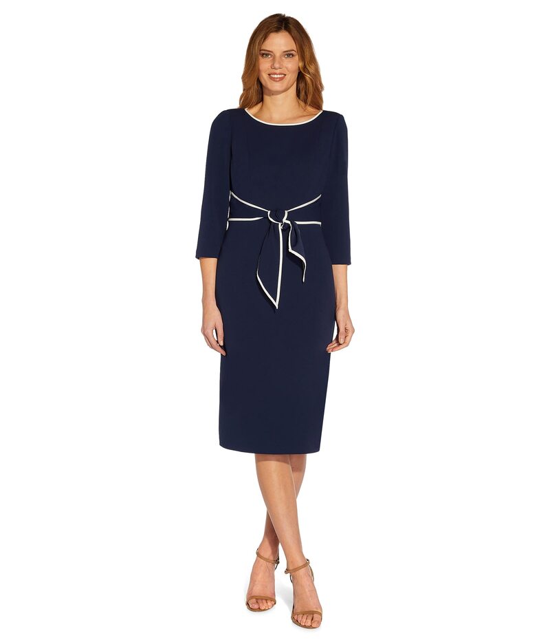 アドリアナ パペル レディース トップス ワンピース クレープ コントラスト Adrianna Papell Stretch Crepe Tie Front Dress with Contrast Tipping Navy Sateen/Ivory アイボリー
