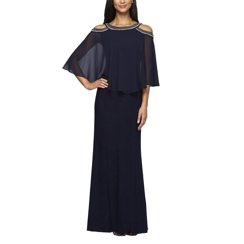 アレックスイブニングス レディース トップス ワンピース シフォン Alex Evenings Long Chiffon Cold-Shoulder Popover Dress Navy ネイビー