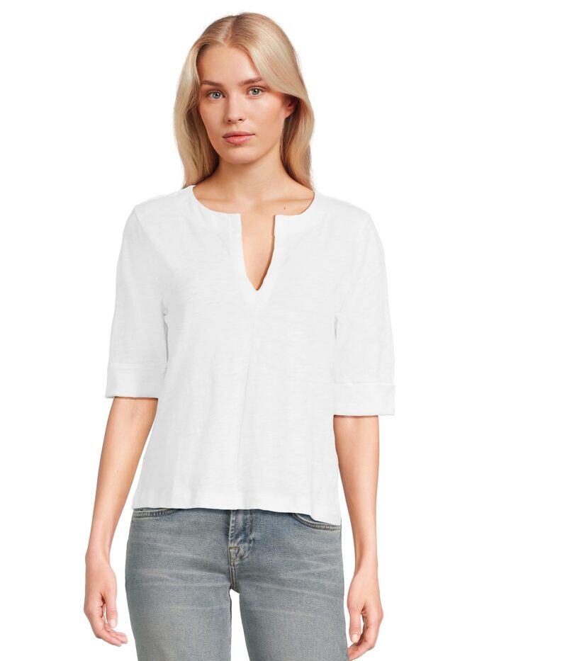 リラピー レディース トップス シャツ Lilla P Cuffed Sleeve Split Neck White ホワイト｜ReVida 店