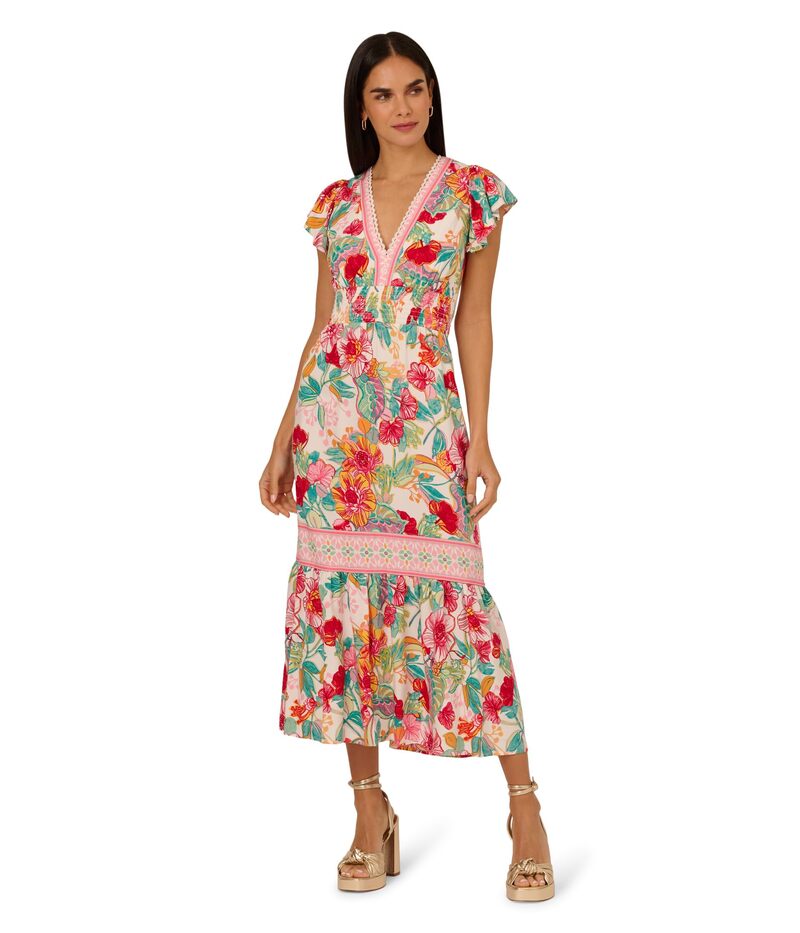 アドリアナ パペル レディース トップス 衣装 midi衣装 刷り上げる midi Adrianna Papell Printed Midi Dress Pink-Green Multi サクラ色