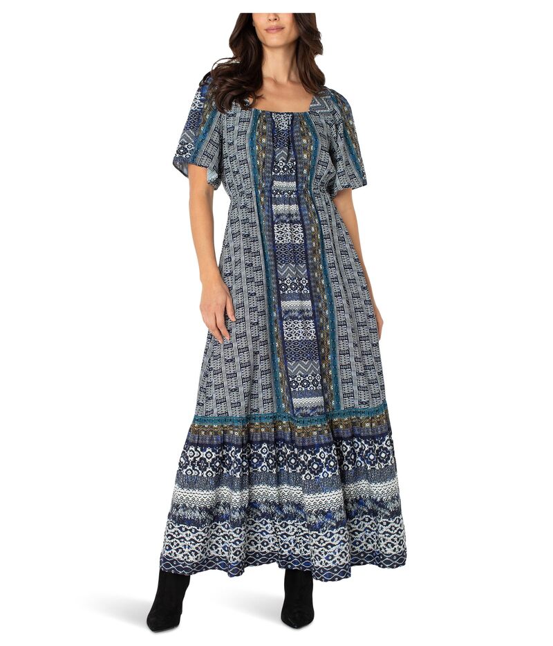 リヴァプール ロサンゼルス レディース トップス ワンピース マキシワンピース マキシ Liverpool Los Angeles Elbow Sleeve Square Neck Woven Maxi Dress With Pockets Blue Shibori Multi ブルー|ReVida 店