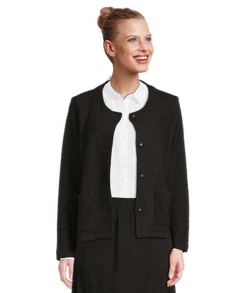 エイリーンフィッシャー レディース アウター コート コットン ジャケット Eileen Fisher Organic Cotton Boucle Round Neck Jacket Black ブラック|ReVida 店