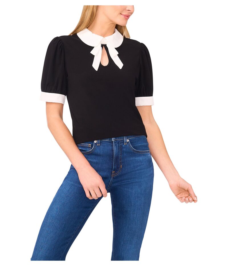 セセ レディース トップス シャツ コントラスト CeCe Puff Short Sleeve Contrast Collar & Bow Top Rich Black ブラック