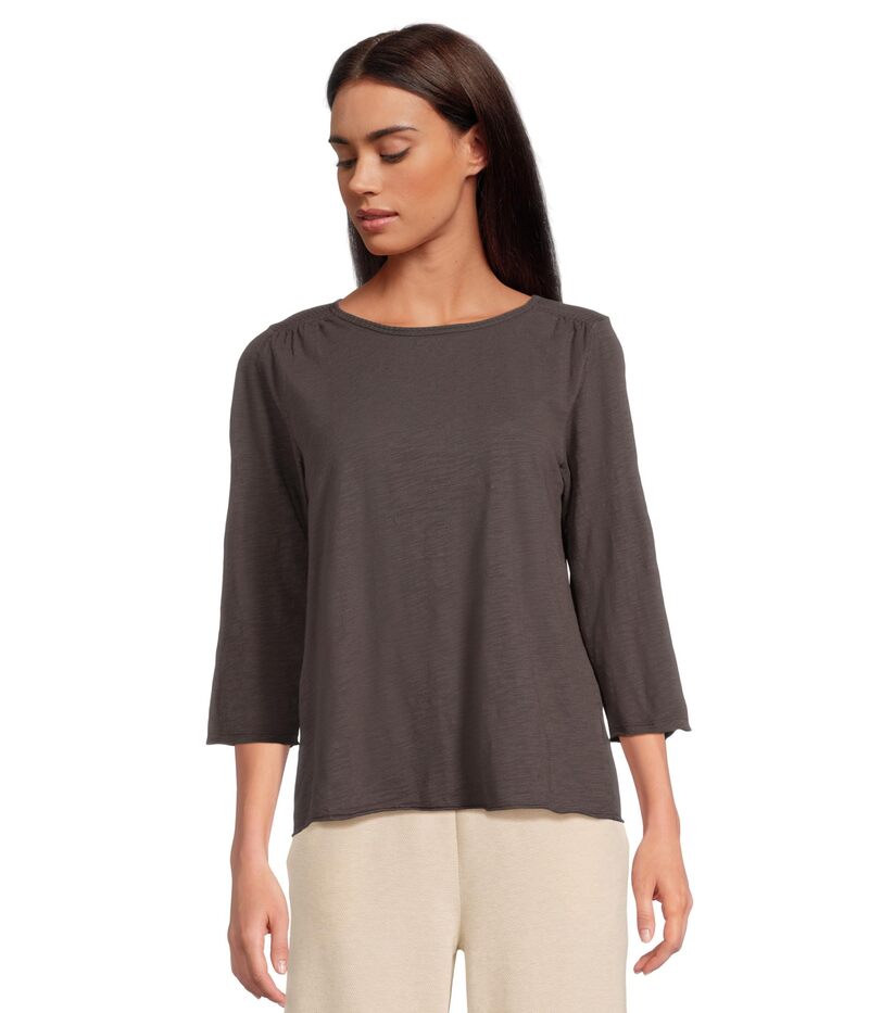 モッドドック レディース トップス シャツ クルーネック Tシャツ Mod-o-doc 3/4 Sleeve Waffle Mix Media Open Crew Neck Tee Washed Ebony