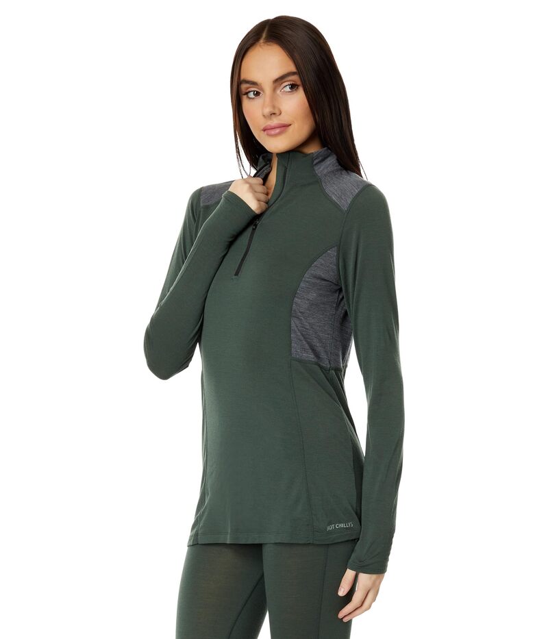 ホットチリーズ レディース トップス シャツ ウール Hot Chillys Clima-Wool Zip-T Od Green/Grey Heather グレー｜ReVida 店