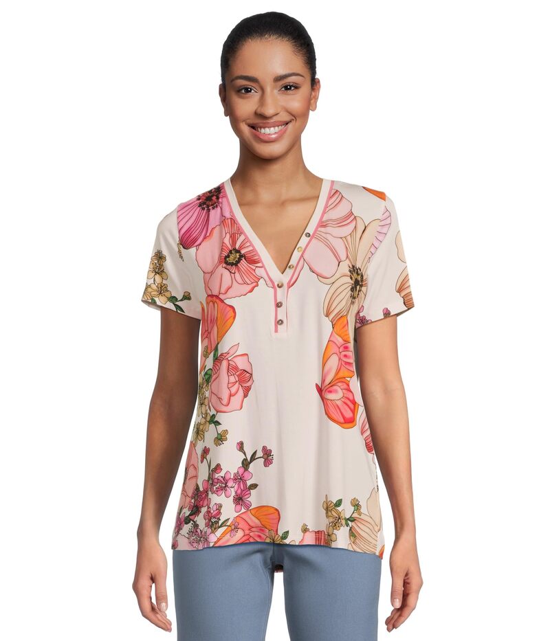 ジョニーワズ レディース トップス シャツ Tシャツ Johnny Was The Janie Favorite Short Sleeve Henley Tee Rosabelia
