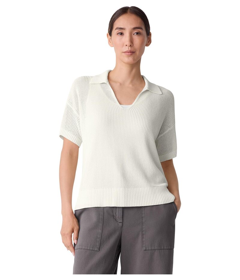 エイリーンフィッシャー レディース アウター ニット・セーター セーター シルク コットン Eileen Fisher Cotton Silk Cord Short Sleeve Johnny Collar Sweater Ivory アイボリー｜ReVida 店