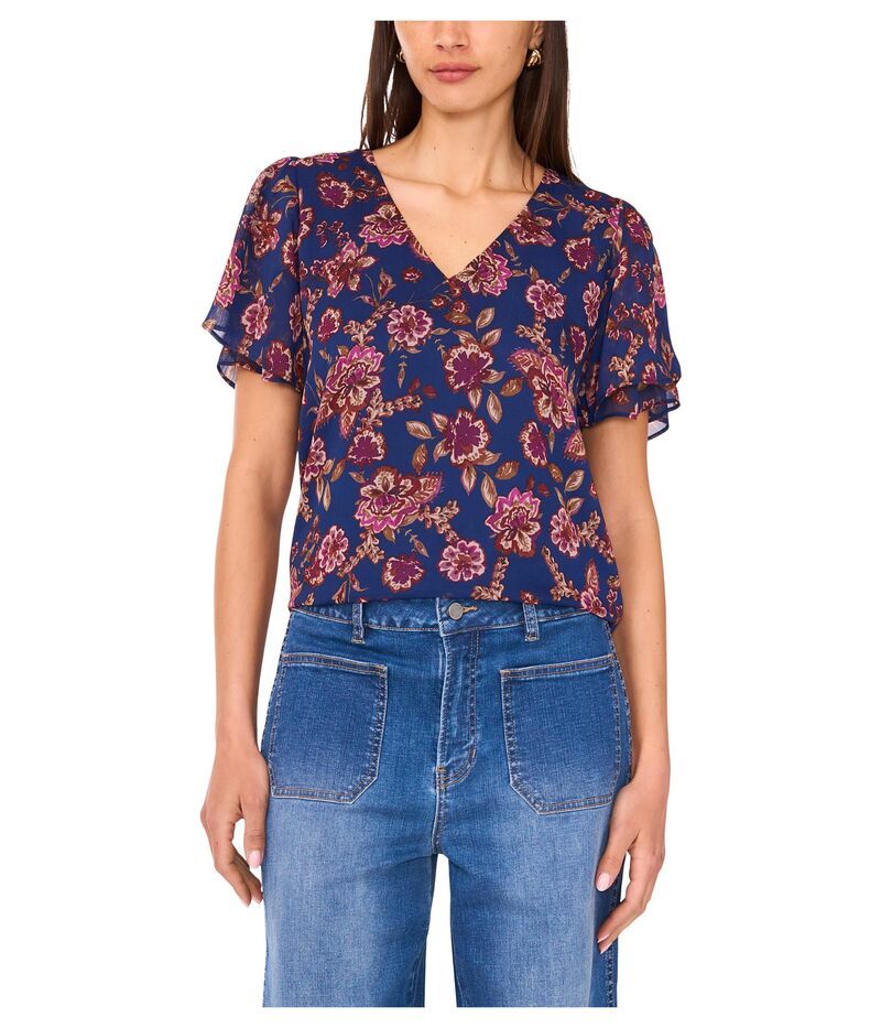 ヴィンスカムート レディース トップス シャツ Vネック フリル ブラウス Vince Camuto V-Neck Short Ruffle Sleeve Blouse Deep Sky