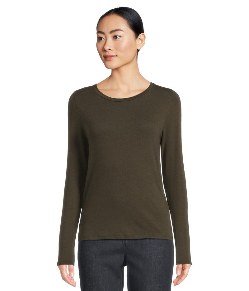 エイリーンフィッシャー レディース トップス シャツ シアー ニット Eileen Fisher Sheer Knit Round Neck Slim Long Sleeve Tee Woodland
