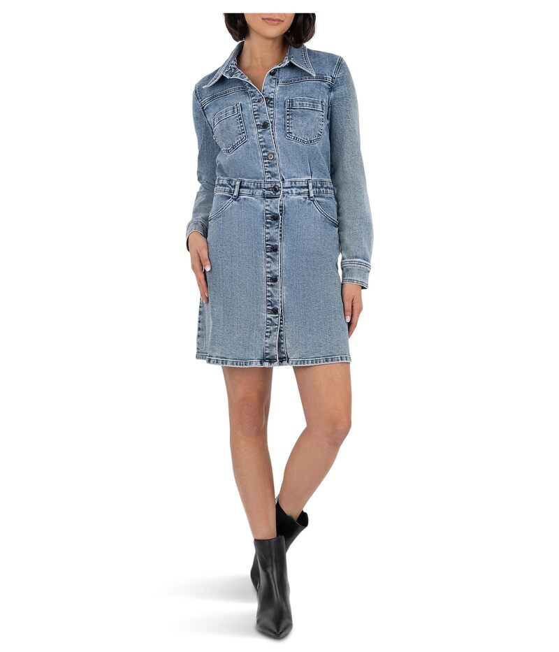カットフロムザクロス レディース トップス ワンピース A ライン スカート KUT from the Kloth Arlington - Button Front Dress w/ A-Line Skirt & Waistband Medium Wash｜ReVida 店