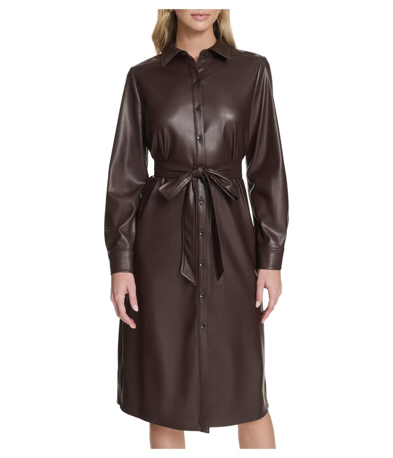 カルバンクライン レディース トップス ワンピース シャツ レザー Calvin Klein PU Leather Shirtdress Coffee Bean コーヒー|ReVida 店