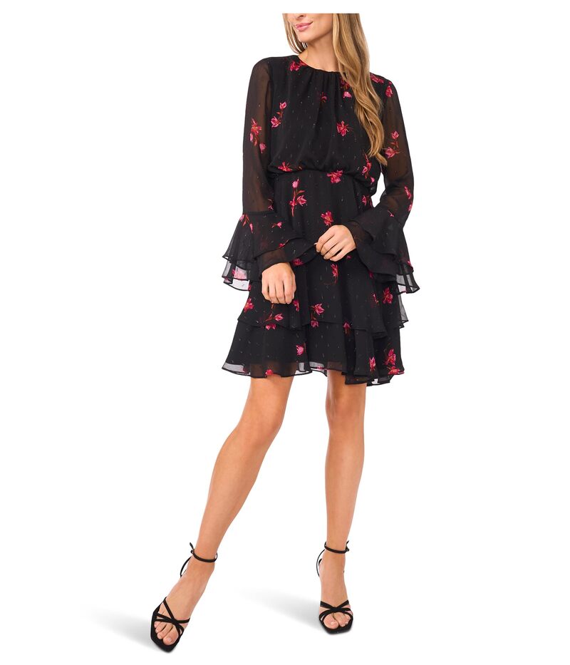 セセ レディース トップス 衣装 フラウンス ミニ CeCe Long Sleeve Ruffled Mini Dress Rich Black 黒いこと レディースファッション-ワンピース