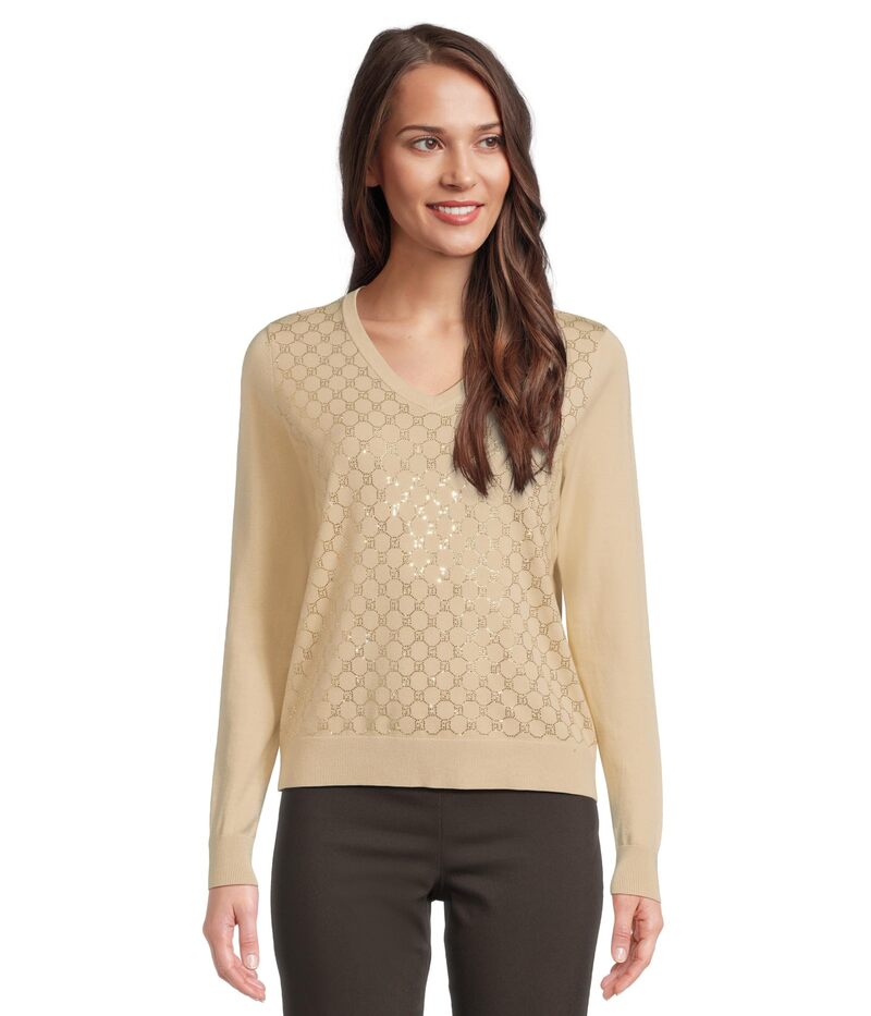 エリオットローレン レディース アウター ニット・セーター Vネック Elliott Lauren Pop Top - Long Sleeve V-Neck Sweater with Crystals detail Almond 20,931円