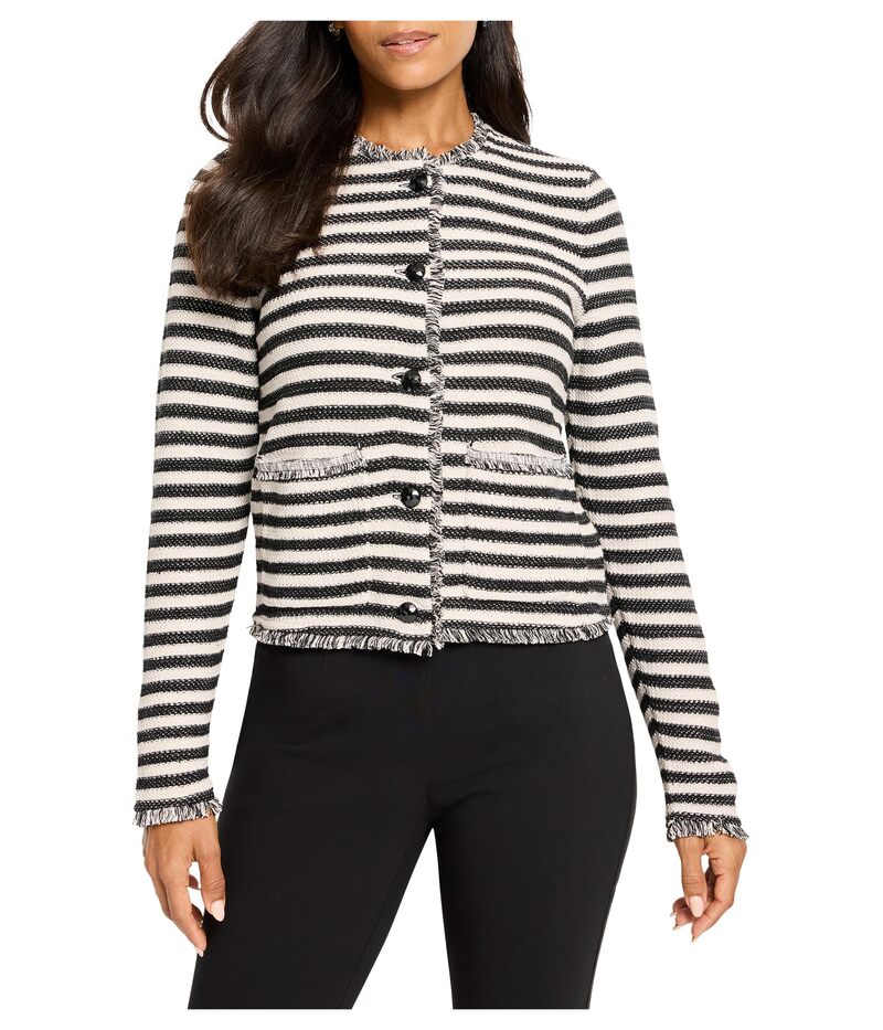 ニックプラスゾーイ レディース アウター コート プチ ニット フリンジャケット NIC+ZOE Petite Striped Fringe Mix Femme Knit Jacket Black Multi ブラック｜ReVida 店