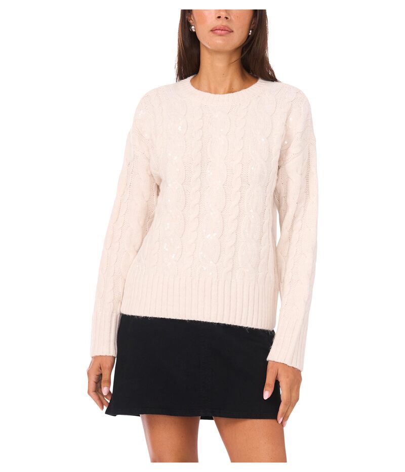 ヴィンスカムート レディース アウター ニット・セーター クルーネック スパンコール Vince Camuto Sequin Cable Long Sleeve Crew Neck Ivory Heather アイボリー