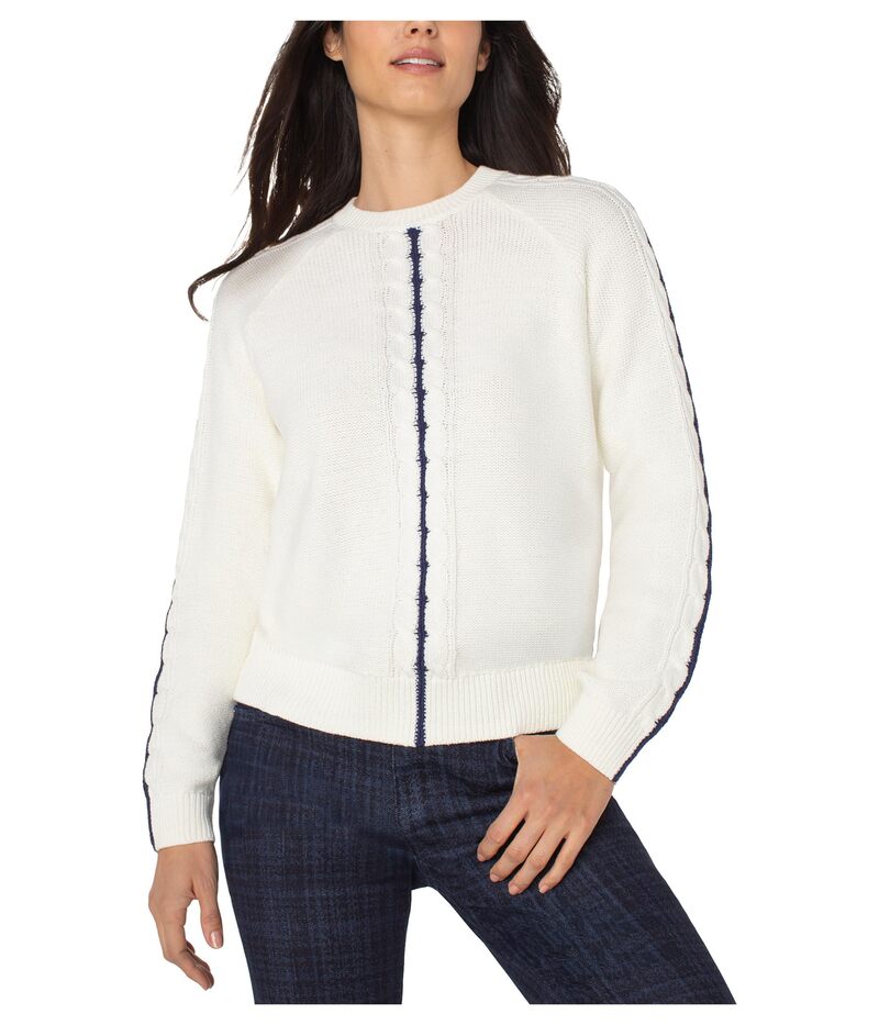 リヴァプール ロサンゼルス レディース アウター ニット・セーター クルーネック プチ Liverpoolos Angeles Petite Long Sleeve Crew Neck Raglan Sweater Whisper White/Navy ホワイト｜ReVida 店