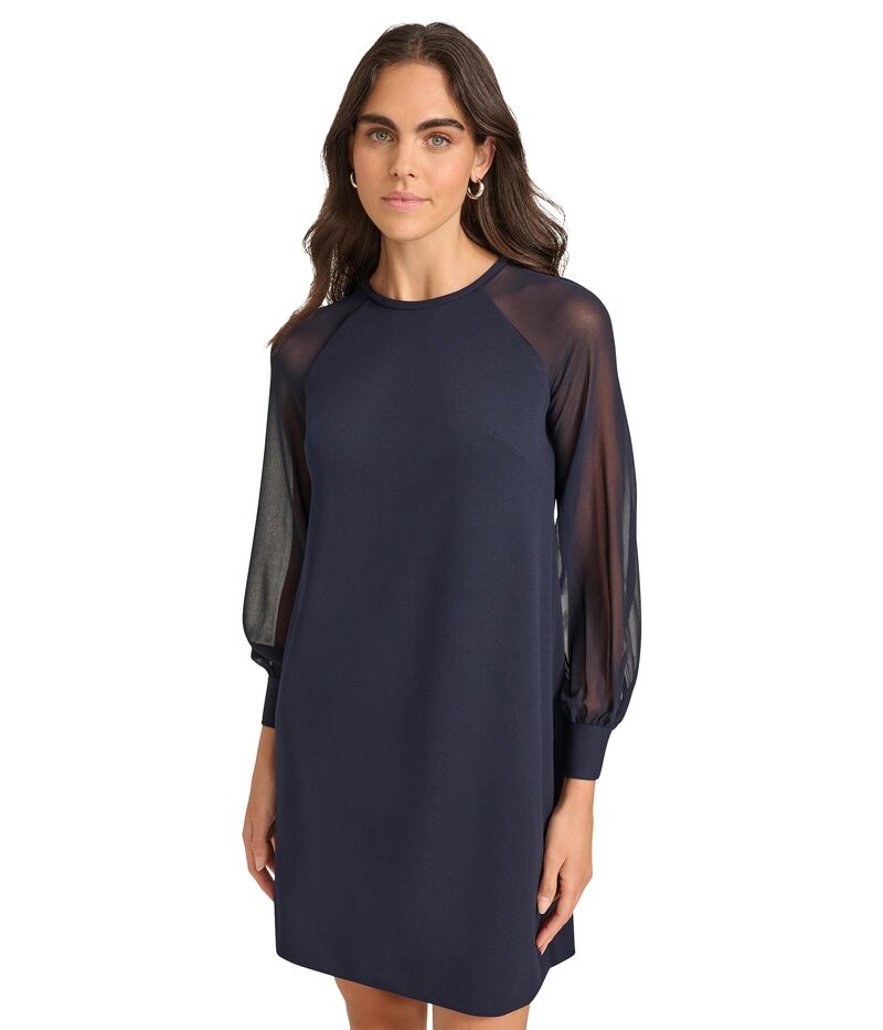 カルバンクライン レディース トップス ワンピース シフォン クレープ A ライン スキューバ Calvin Klein Scuba Crepe Chiffon Sleeve Aline Dress Indigo/Indigo インディゴ