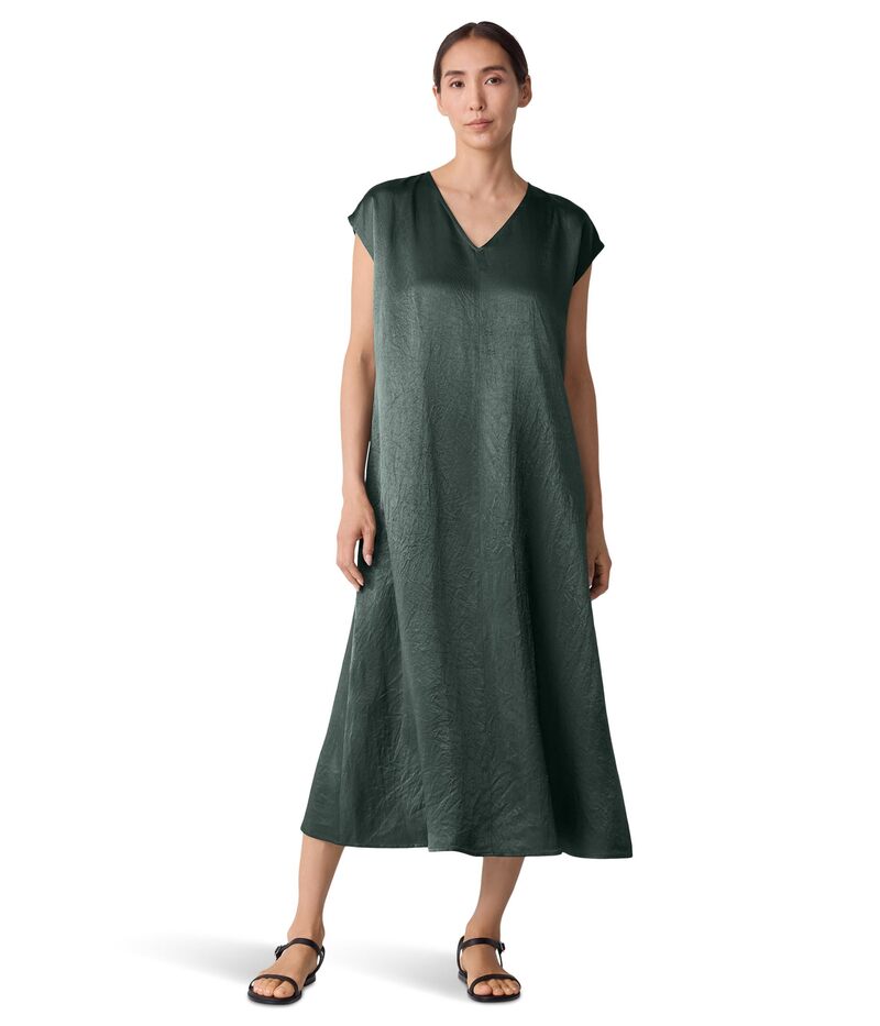 エイリーンフィッシャー レディース トップス ワンピース Vネック サテン Eileen Fisher Textured Satin V-neck Dress Everglade