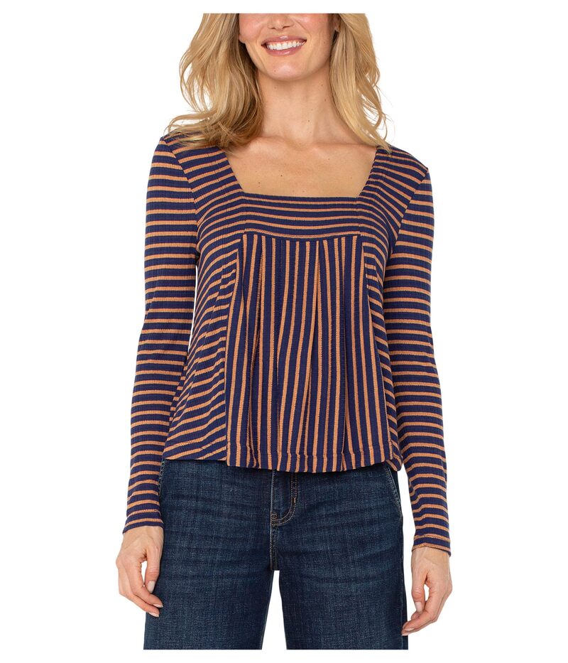 リヴァプール ロサンゼルス レディース トップス シャツ ニット Liverpoolos Angeles Long Sleeve Square Necknitop Blue/Ginger Stripe ブルー|ReVida 店