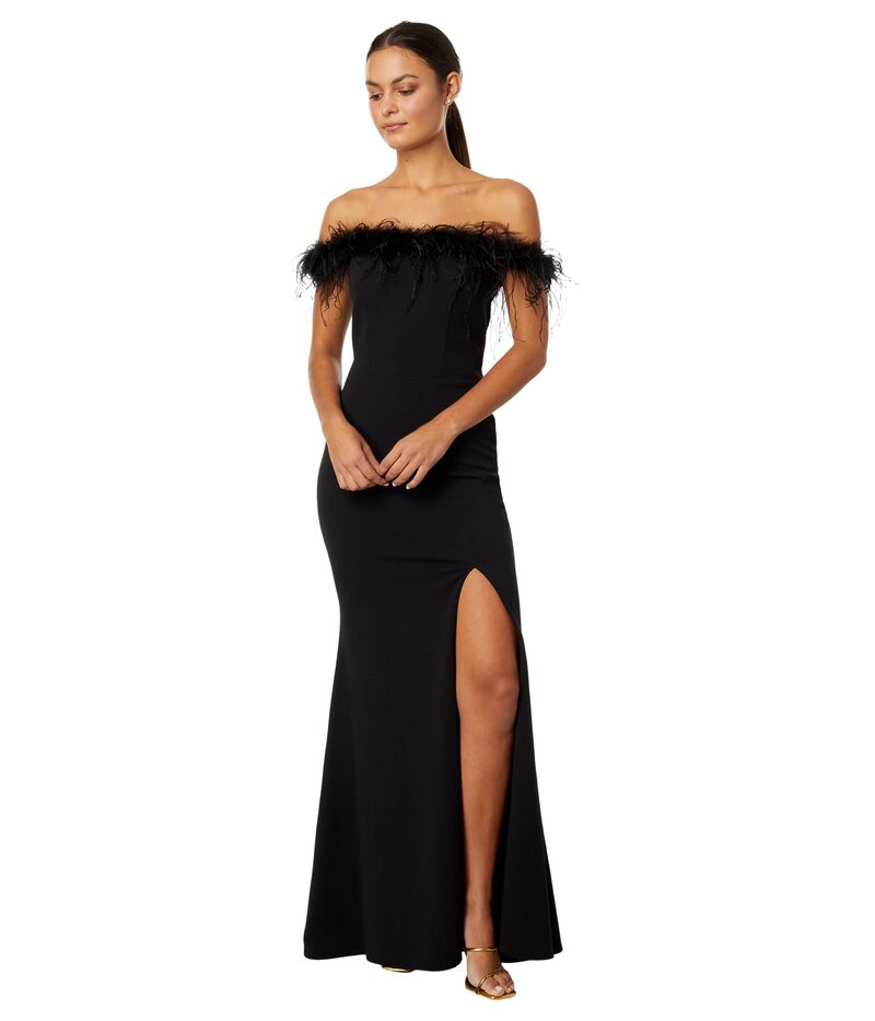 エスケープ レディース トップス ワンピース クレープ スキューバ XSCAPE Off-the-Shoulder Long Scuba Crepe Feathers Black ブラック