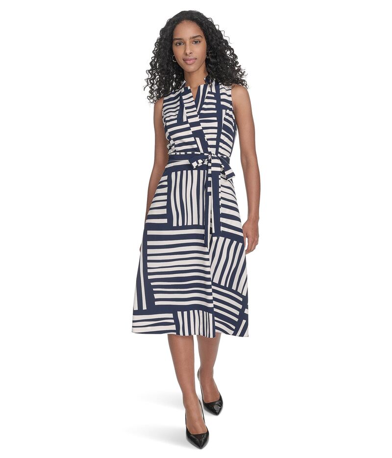 カルバンクライン レディース トップス ワンピース プリント Calvin Klein Geo Print Faux Wrap Dress Indgo/Cream クリーム|ReVida 店