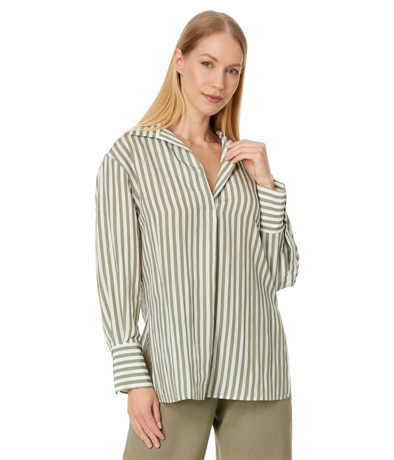 ヴィンス レディース トップス シャツ Vince Coastripe Shaped Collar Pullover Sea Fern/Optic White ホワイト