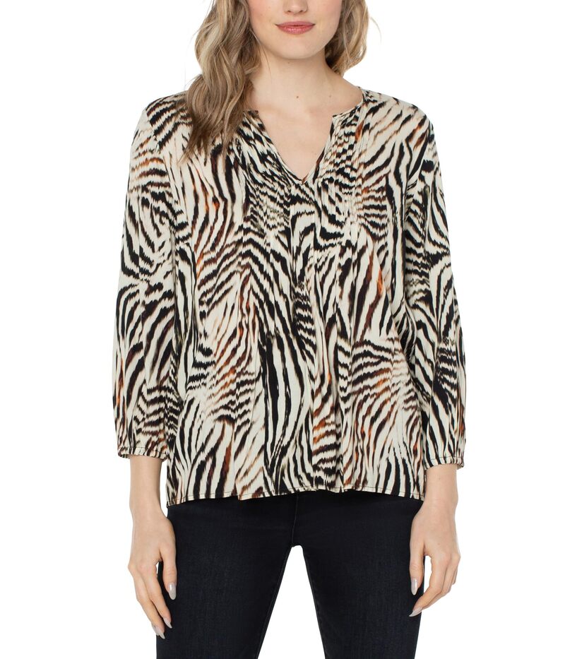 リヴァプール 天使の都市 レディース トップス プルオーバー Liverpoolos Angeles 3/4 Sleeve Peasantop with Pin Tucks All Over Patchwork Animal Print 毛の荒物
