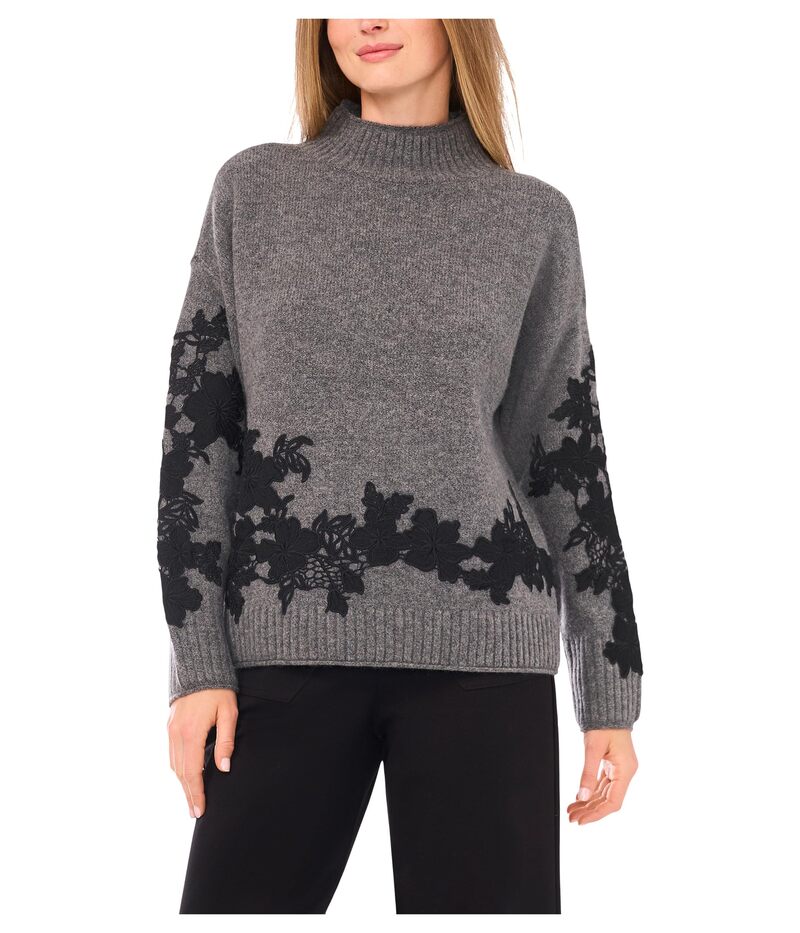 ヴィンスカムート レディース アウター ニット・セーター モックネック フラワー柄 フラワー Vince Camuto Floral Embellished Mock Neck Med Heather Grey グレー