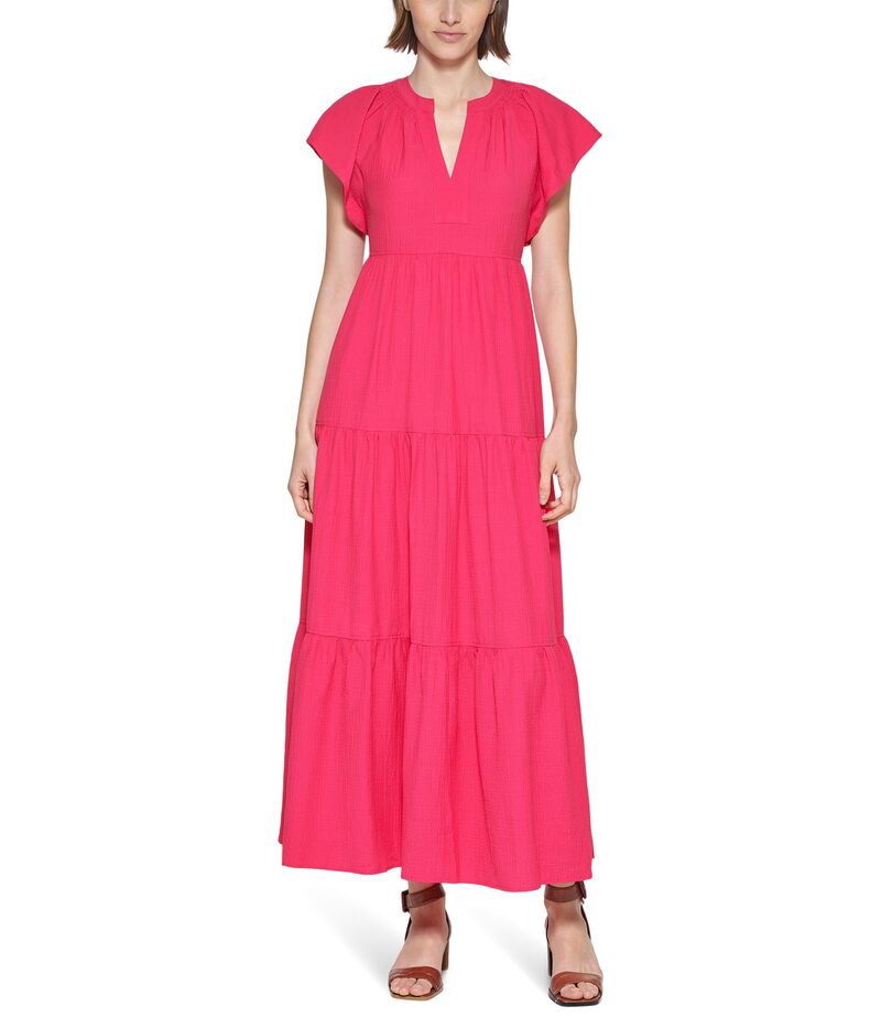 カルバンクライン レディース トップス ワンピース ミディ Calvin Klein Flutter Sleeve Gauze Midi Dress Lipstick｜ReVida 店