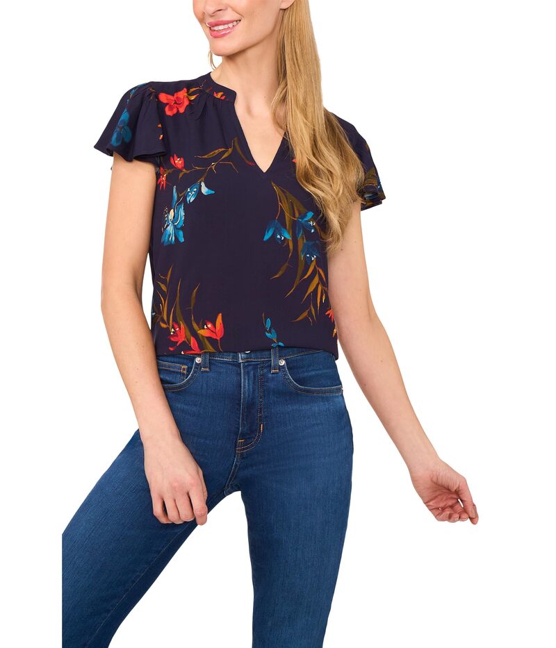 セセ レディース トップス シャツ Vネック ブラウス CeCe V-neck Shirred Neck Flutter Sleeve Blouse Classic Navy ネイビー｜ReVida 店