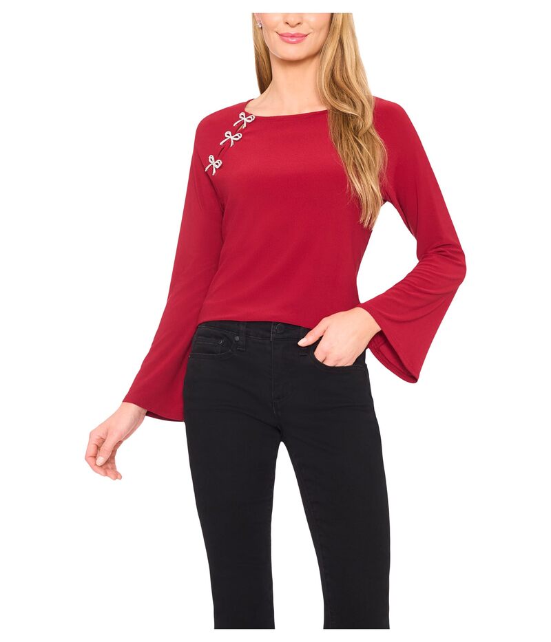セセ レディース トップス シャツ ニット CeCe Pearl Bow Applique Long Sleeve Knitop Mulberry Red レッド|ReVida 店