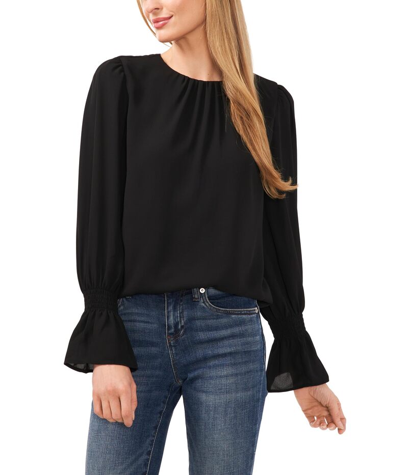セセ レディース トップス シャツ フリル シャーリング ブラウス CeCe Long Sleeve Smocked Cuff Ruffle Blouse Rich Black 1 ブラック