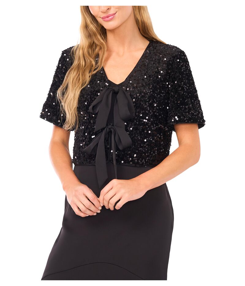 セセ レディース トップス シャツ ベルベット スパンコール CeCe Velvet Sequin Short Sleeve Bow Frontop Rich Black ブラック