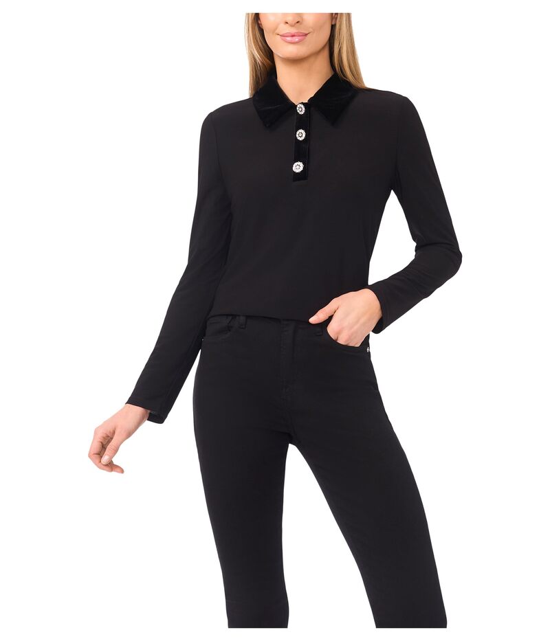 セセ レディース トップス シャツ ニット CeCe Mixed Media 1/2 Placket Collared Knit Rich Black ブラック