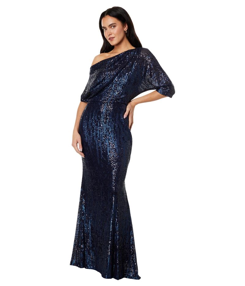 ベッツィアンドアダム レディース トップス ワンピースパンコール Betsy & Adam Long 3/4 Sleeve Off-the-Shoulder Sequin Dress Navy ネイビー