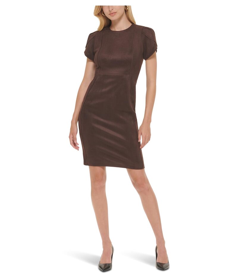 カルバンクライン レディース トップス ワンピースエード Calvin Klein Suede Tulip Sleeve Sheeth Coffee Bean コーヒー