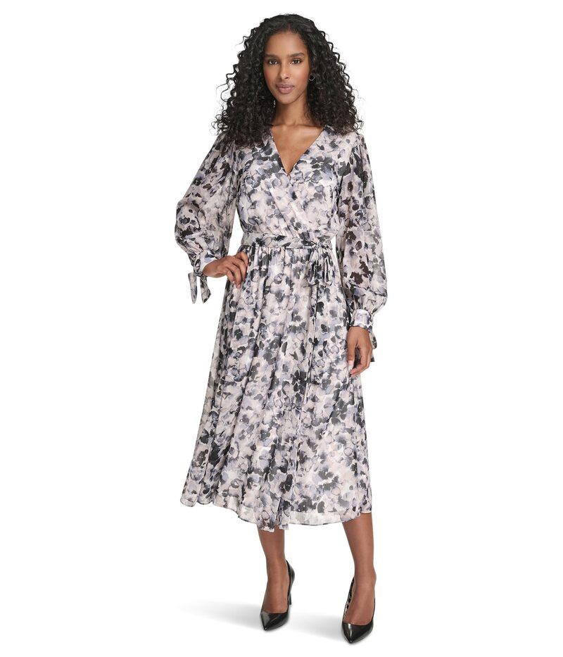 カルバンクライン レディース トップス ワンピース Vネック シフォン ミディ Calvin Klein V-Neck Long Sleeve Chiffon Midi Slate Multi スレート