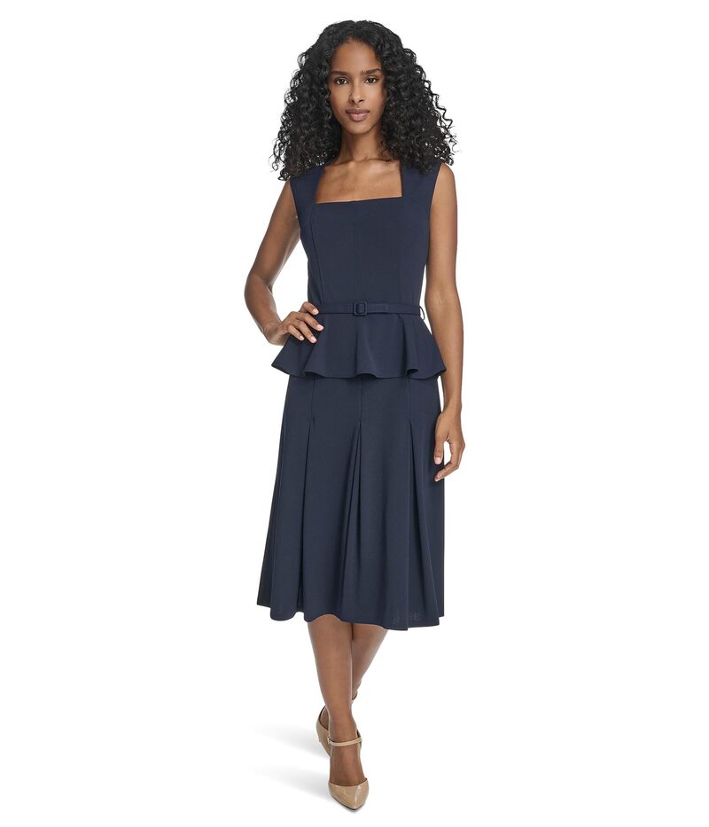 カルバンクライン レディース トップス ワンピース クレープ A ライン スキューバ Calvin Klein Short Sleeve Scuba Crepe Belted Peplum Aline Indigo インディゴ